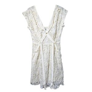 Mayle Cream Floral Eyelet Lace Mini Dress -Boho Chic V-Neck 100% Silk Lined Sz 2